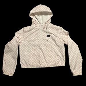 Vans Women’s Pink & White Half Zip Hooded Checkered Cropped Windbreaker‎ Medium